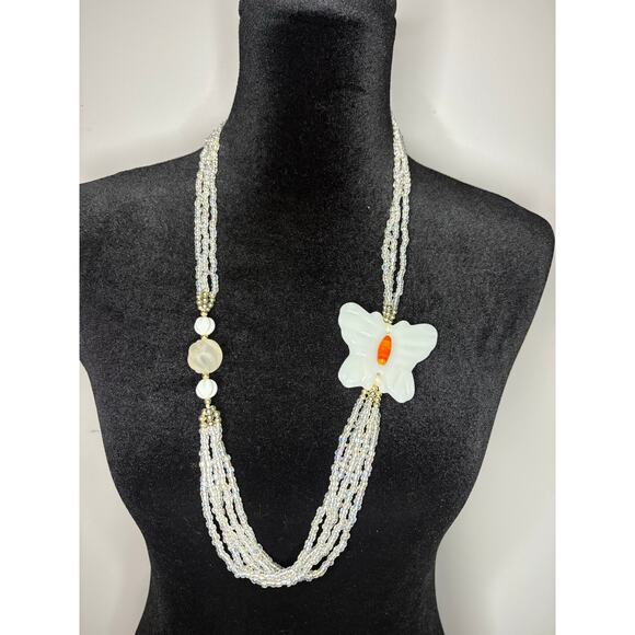 White Jade Butterfly White Beads Long Necklace - Picture 2 of 5